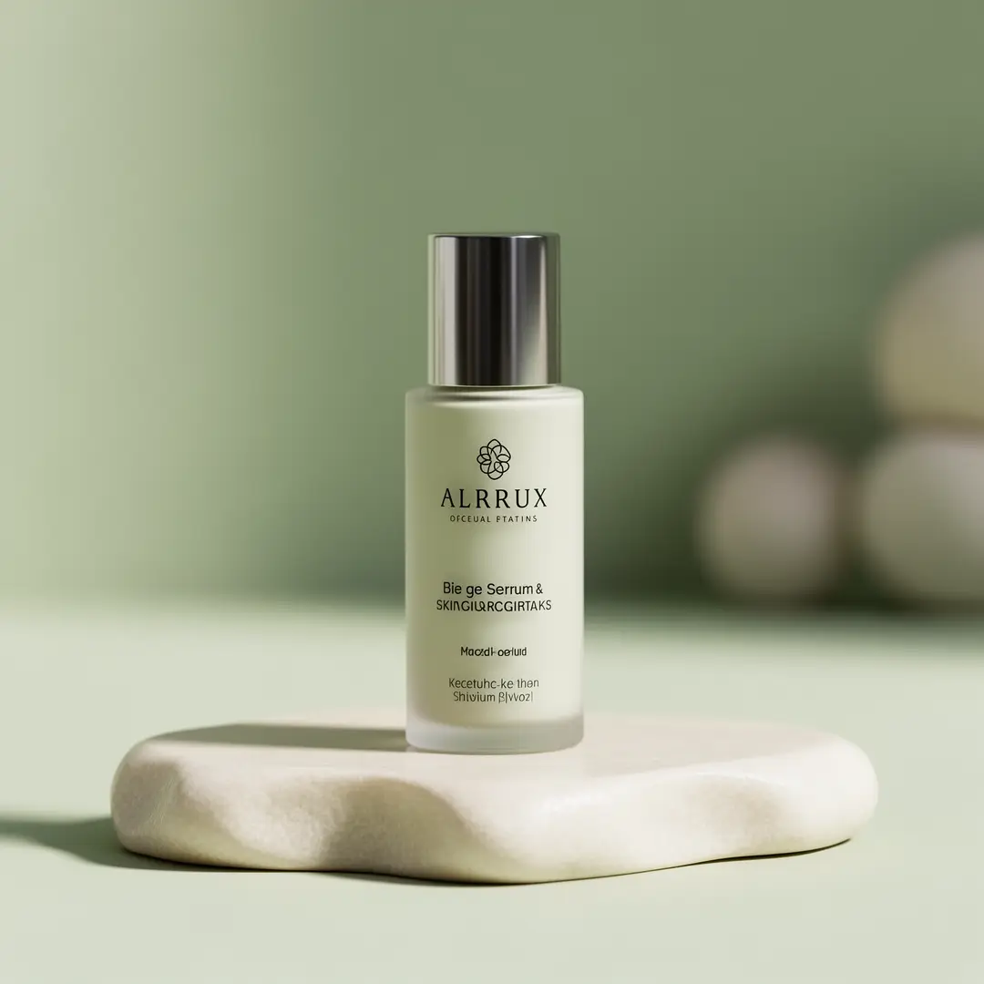 一张干净的护肤产品 hero 图,材质受控,配色平静而高级。