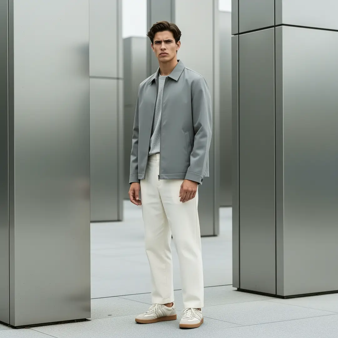 一张 streetwear lookbook 画面,服装方向清楚,整体干净且有 campaign 感。