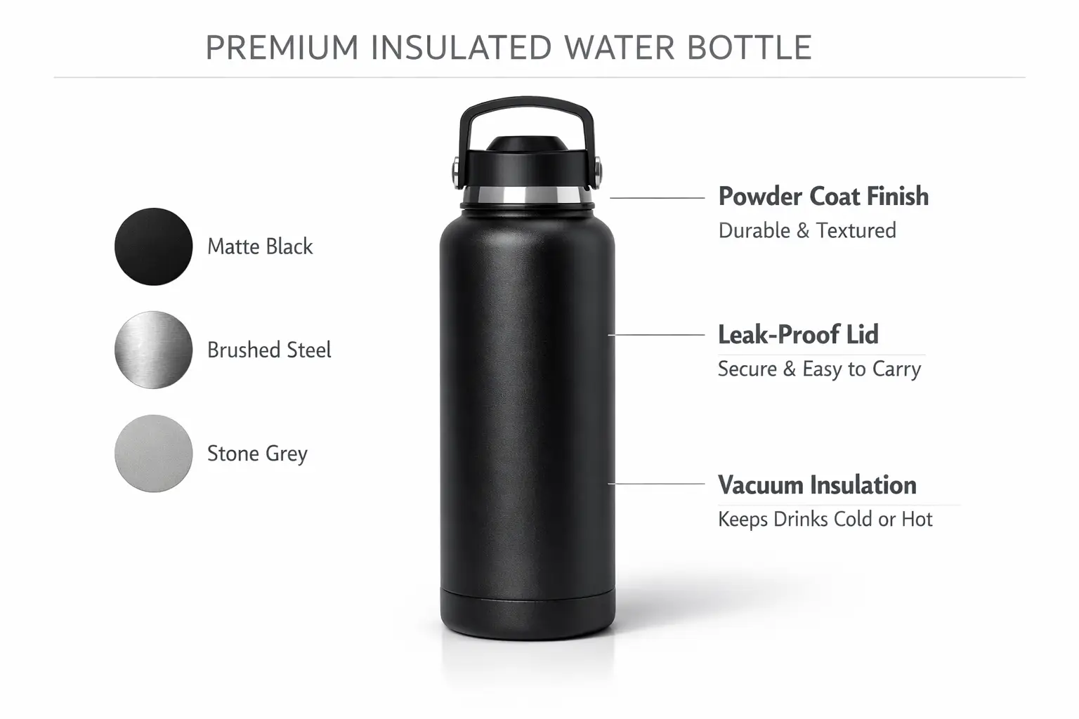 A product concept board with a hero product image, material swatches, and short labeled annotations.