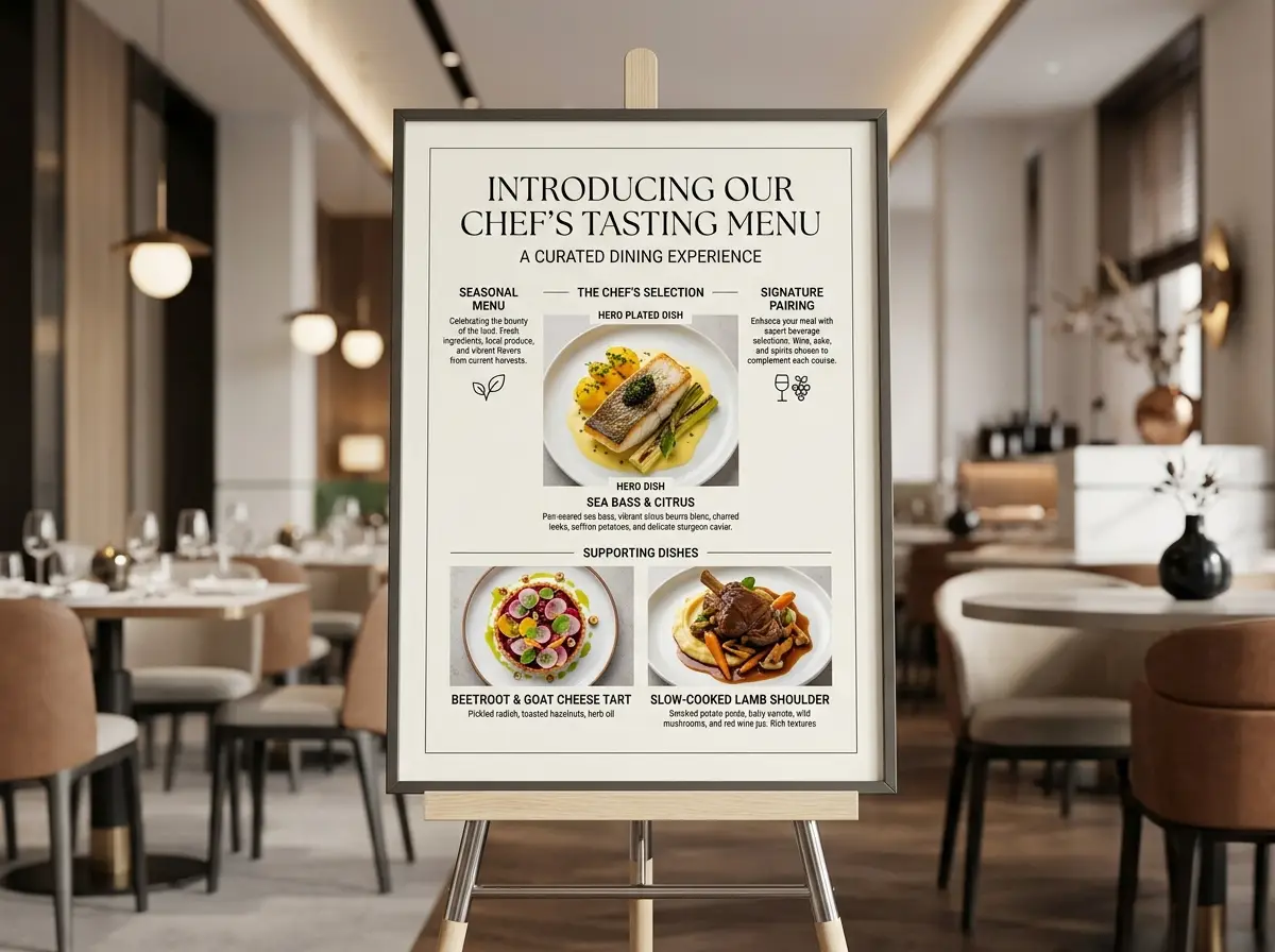 A restaurant explainer board with food, labels, and an editorial hospitality layout.