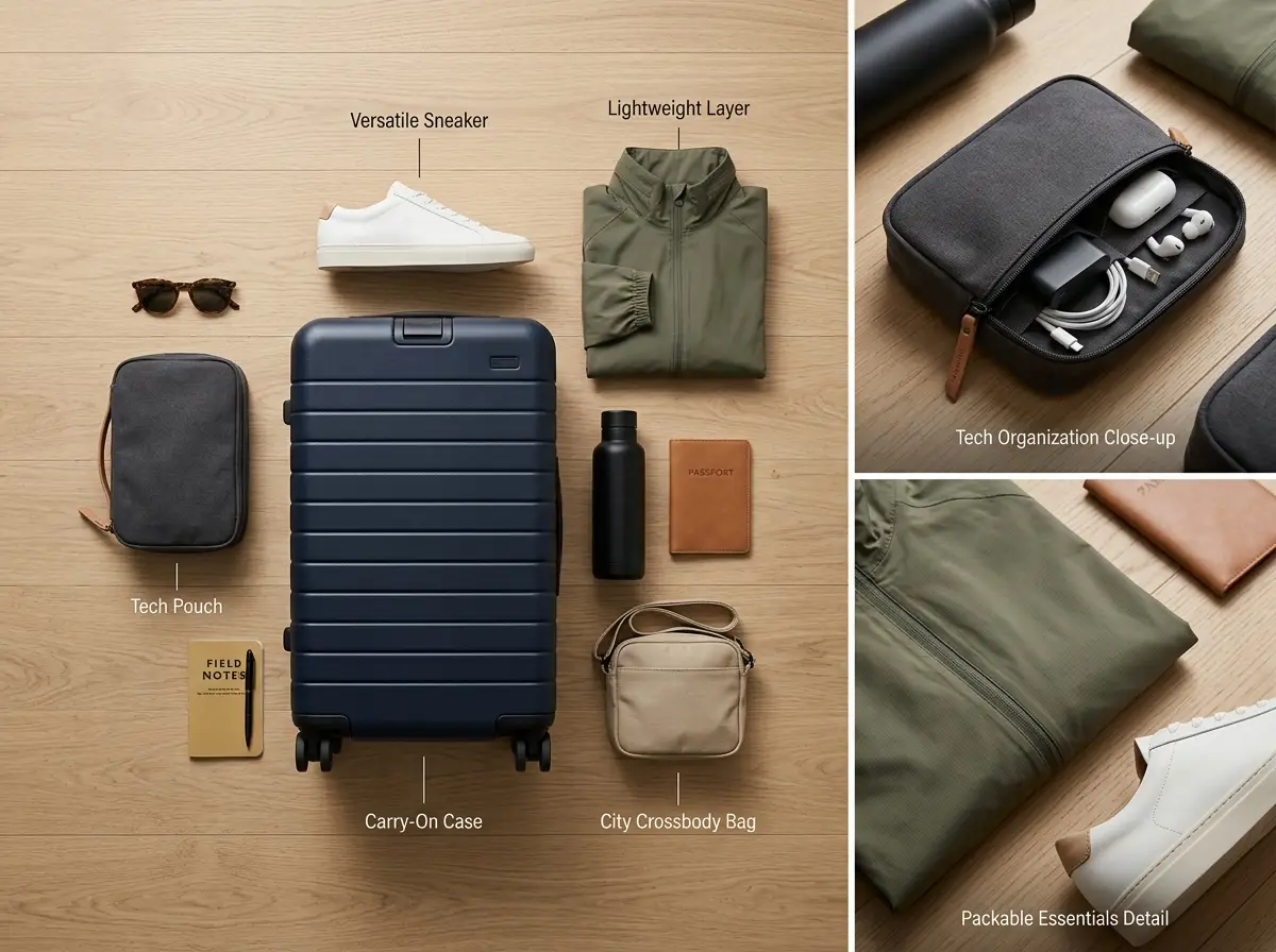A multi-reference travel essentials board with coordinated product styling and grounded context.