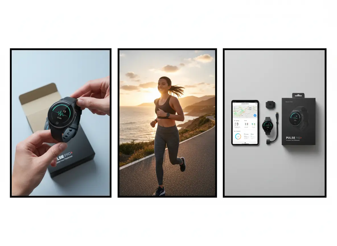 A three-panel product storyboard for a wearable device launch concept.
