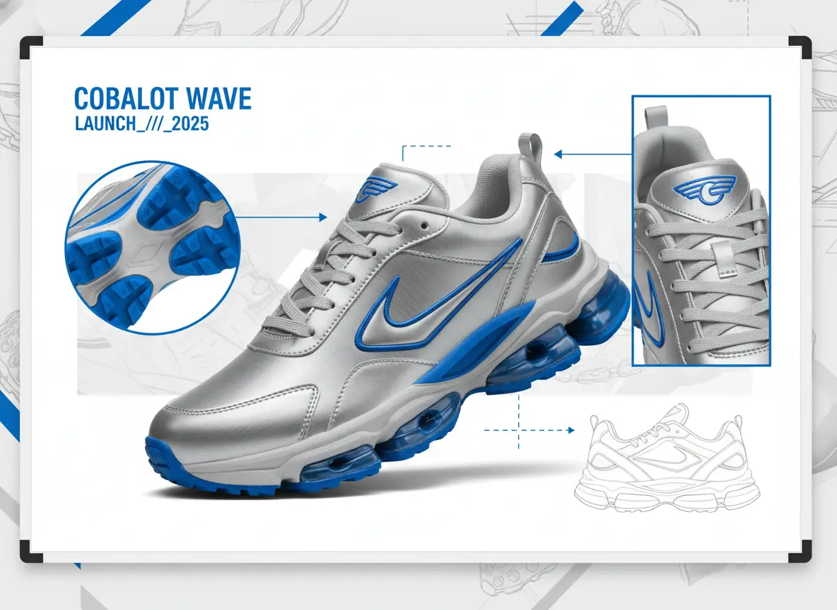 A sneaker collage concept blending references for silhouette, materials, and campaign styling.