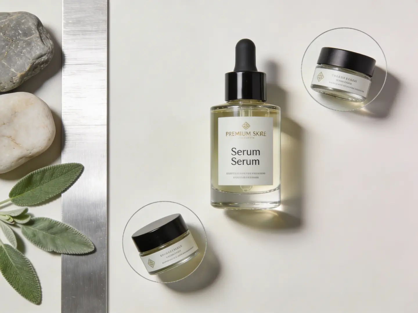 A sharp skincare product review board with a hero bottle, detail crops, and clean premium materials.