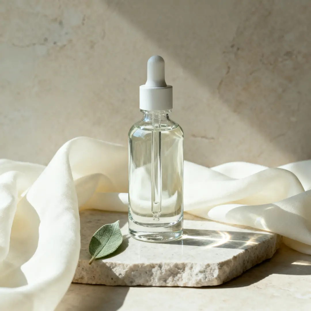 一张 calm、 polished 的精华液静物图,产品细节和配色关系都比较清楚。