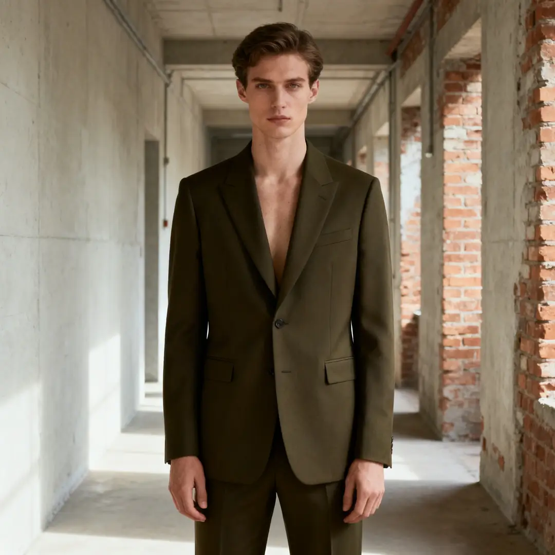 一张商业 editorial 时尚概念图,服装和灯光都比较克制,适合评审。