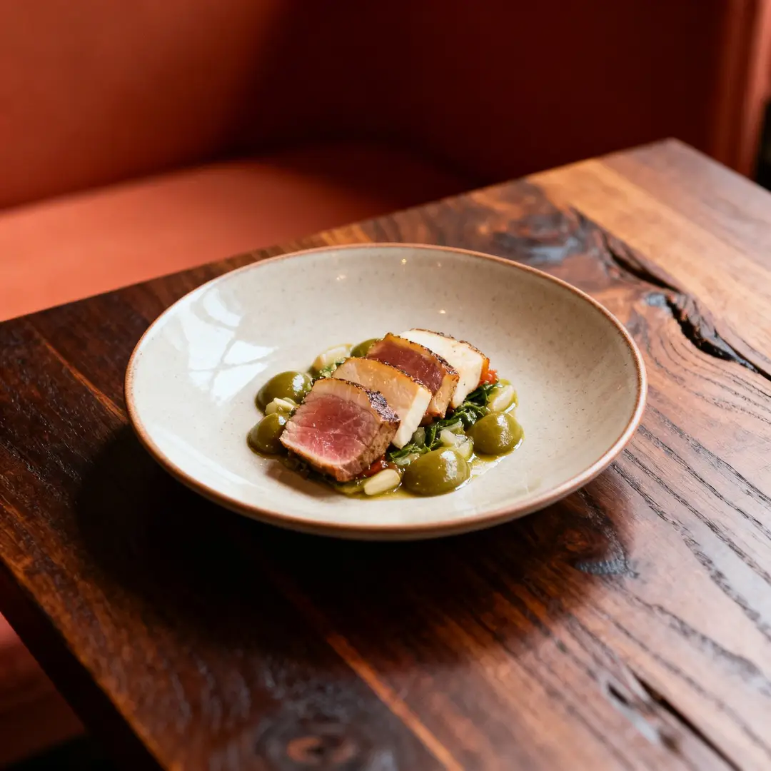 一张 polished 的餐饮 campaign 画面,光线和整体情绪都偏商业用途。